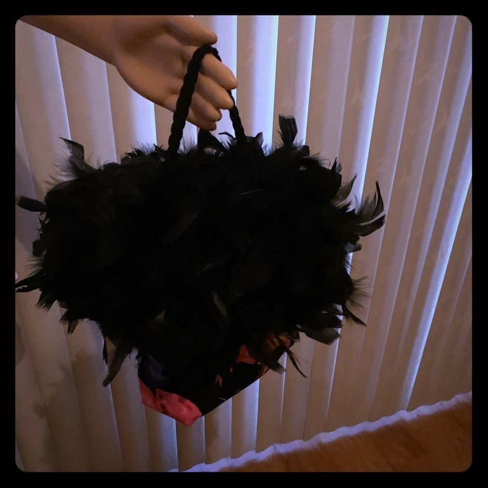 Flamingo Print Black Purse With Black Feathers And Colorful Design 7 1/2 Inches